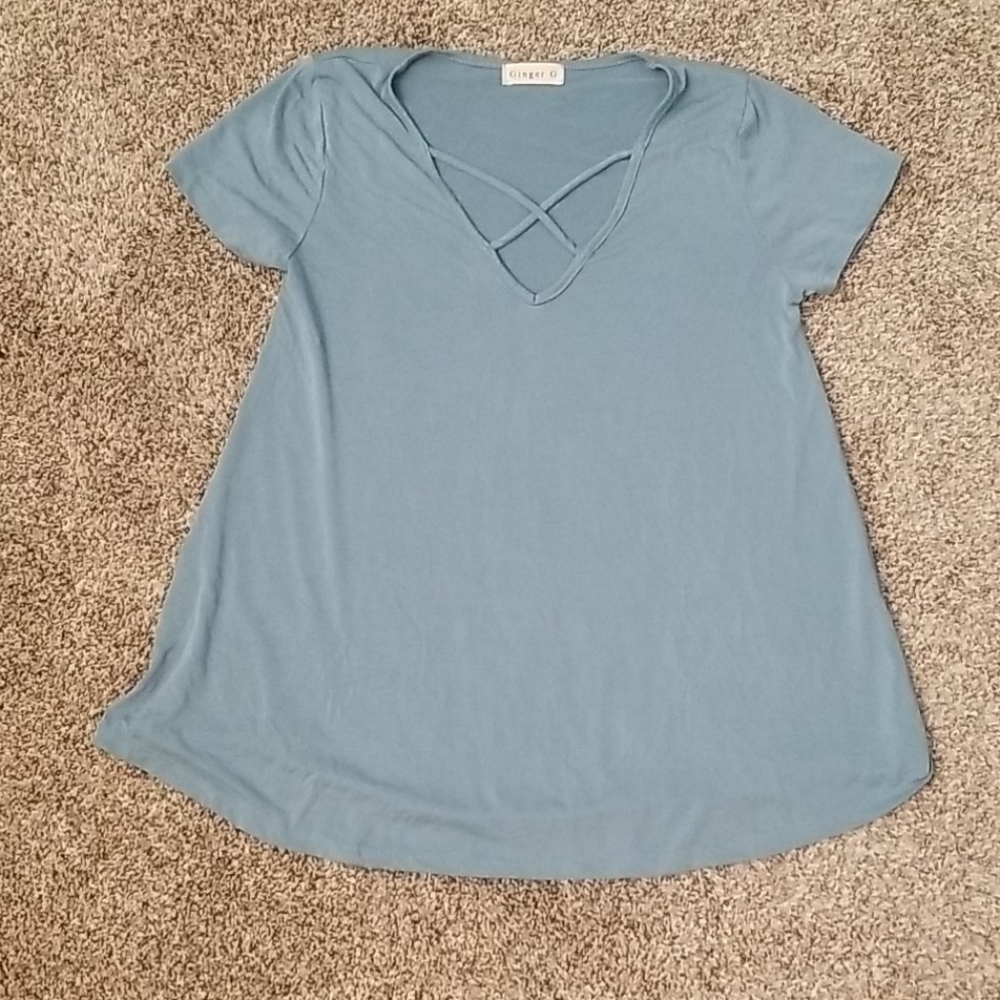 Teal criss cross front detail top